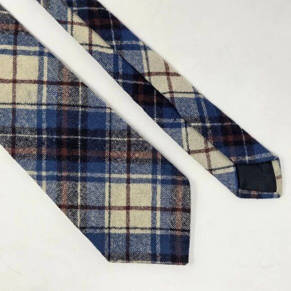 PENDLETON WOOL TIE BLUE BROWN CREAM TARTAN PLAID KNIT VINTAGE 3.25" X 57" - Picture 1 of 3